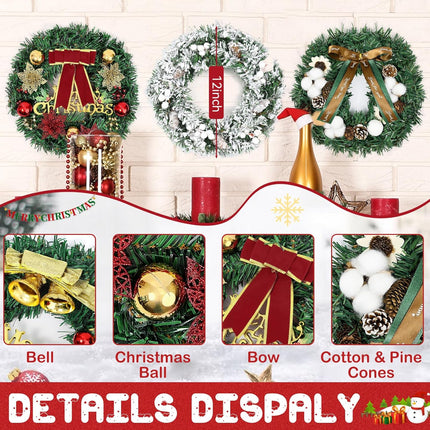 12 Inch Little Christmas Wreath with Pinecone Berries Jingling Bell Christmas Decorations Ball Front Door Wreath for Outdoor Indoor Party Wall Table Home Decor Brown Sign Flocking Pinecone Wreath