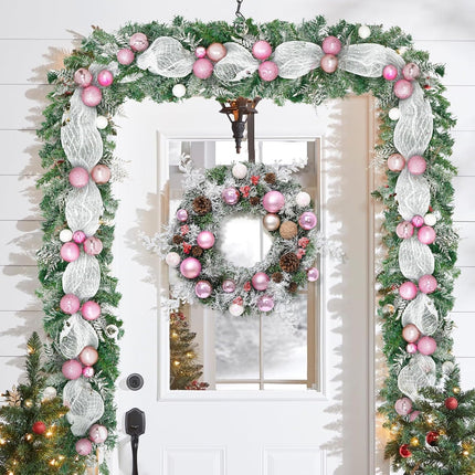 Christmas Garland Decorations, 5.9 FT Christmas Garland for Mantle, Snow Flocked Garland with Ribbons White Pink Christmas Balls, Frosted Garland Pine Garland for Indoor Outdoor Table Home Decor