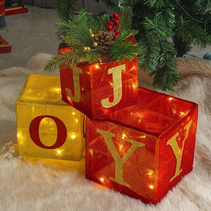 Hourleey Set of 3 Christmas Lighted Boxes, Pre-lit 60 LED Light Up Joy Present Boxes Ornament Decorations for Indoor Outdoor Xmas Tree Home Yard Lawn Decor