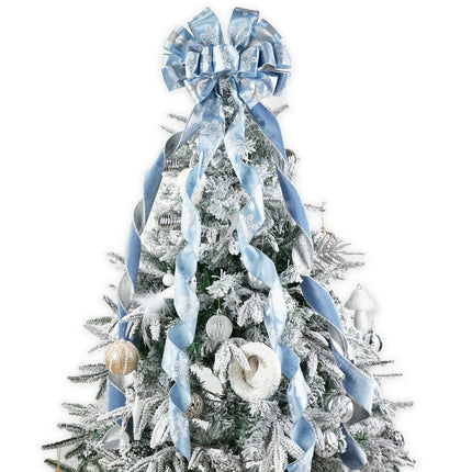 Dusty Blue and Silver Christmas Tree Topper Bows 13 x 53 Inch Large Christmas Bows with Streamer and Snowflake Patterns Decorative Bows for Xmas Tree Wreaths Door Staircase Home Decor