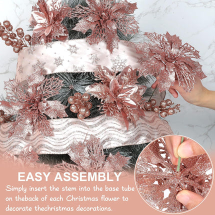 24 Pcs Rose Gold Christmas Tree Decorations Kit Poinsettias Artificial Christmas Flowers Decorations Set Christmas Ribbon Garland for Christmas Tree