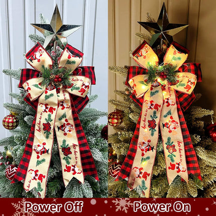 2 Pcs Prelit Christmas Bows Decor with 20 Lights, Santa Bells Black Red Buffalo Plaid Xmas Bows 20" by 11" Christmas Tree Wreaths Garland Bow Battery Powered Christmas Decorations Home Indoor Outdoor