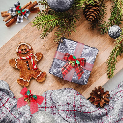 YBB 24 Pack Christmas Tree Bows, Buffalo Plaid Linen Bowknot Red Wreath Bow with Jingle Bells for Christmas Garland Tree, Crafts, Wrapping, Wreath Xmas Hanging Ornaments Decor