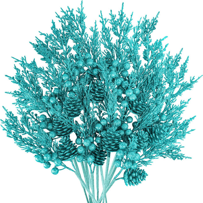 Winlyn 12 Pcs Christmas Artificial Pine Branches Teal Glitter Pine Needles with Pinecone and Berries Christmas Floral Picks 14.2" for Teal Christmas Tree Seasonal Wreath Swag Holiday Arrangement