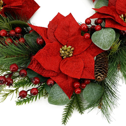 20 inch Artificial Christmas Wreath Winter Wreath with Poinsettia,Eucalyptus Leaves,red Berry,Pine Cones,Pine Needles for Indoor Outdoor Farmhouse Home Wall Window Festival Wedding Decor