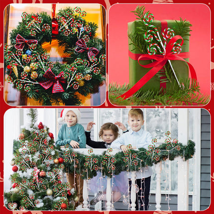 Gerrii 16 Inch Red White Green Christmas Tree Picks Decoration Candy Cane Woolen Bells Curly Pick Lollipop Large for Xmas Tree Topper Decor Vase Filler Craft Wreath Holiday Party Ornament (12 Pcs)