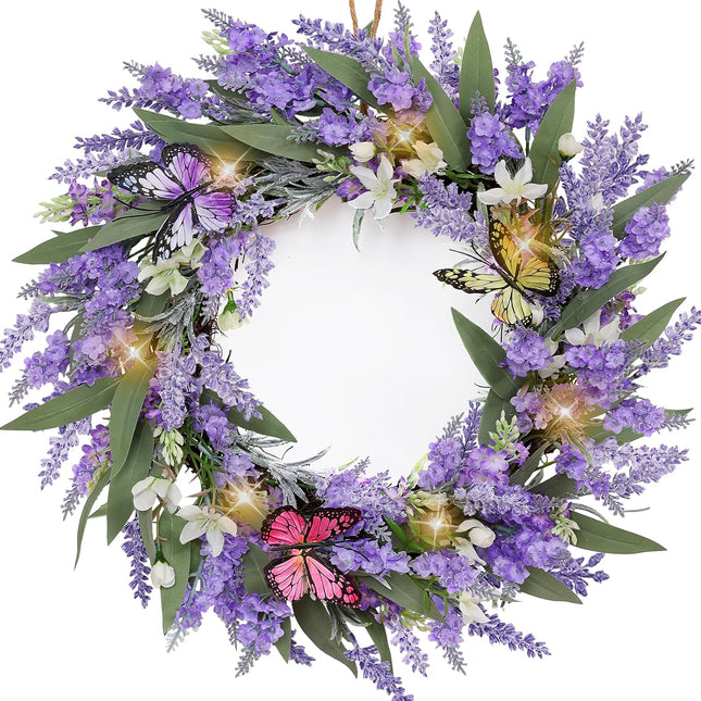 Jusdreen Artificial Lavender Wreath 19.7" with LED Lights, Artificial Spring Wreath Front Door Decor Flowers Wreath with Colorful Butterflies for Home Wedding Farmhouse Holiday