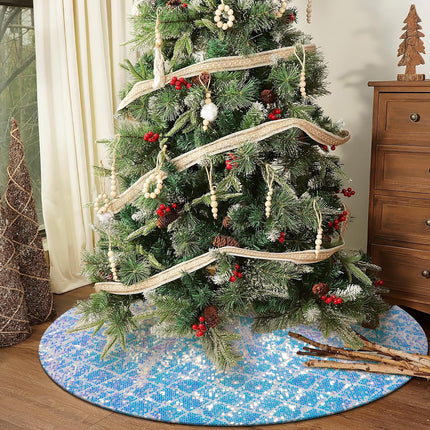 Blue White Christmas Tree Skirt, Iridescent Glitter Tree Skirt 36 Inches,Sparkly Tree Mats for Christmas Pencil Tree, Iridescent Christmas Decorations Ornaments