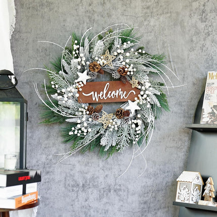 Winter Wreaths for Front Door 24 Inch Outdoor Christmas Snow Covered Wreath Artificial Flocked Spruce Wreath with Pinecones,White Berries,Green Evergreen Xmas Holiday Welcome Wreath Decor