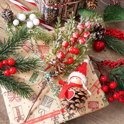 Artificial Christmas Picks for Floral Arrangement, 10 Pack Wreath & Holiday Decor - Red Berry, Pinecone, Frosted Cedar & Holly Leaves Winter Greenery