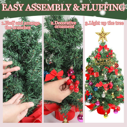 HMASYO Small Christmas Tree with Lights and Ornaments, 22 Inch Green Tabletop Mini Christmas Tree with Light, Star Topper, DIY Artificial Table Top Xmas Tree for Holiday Indoor Home Decoration