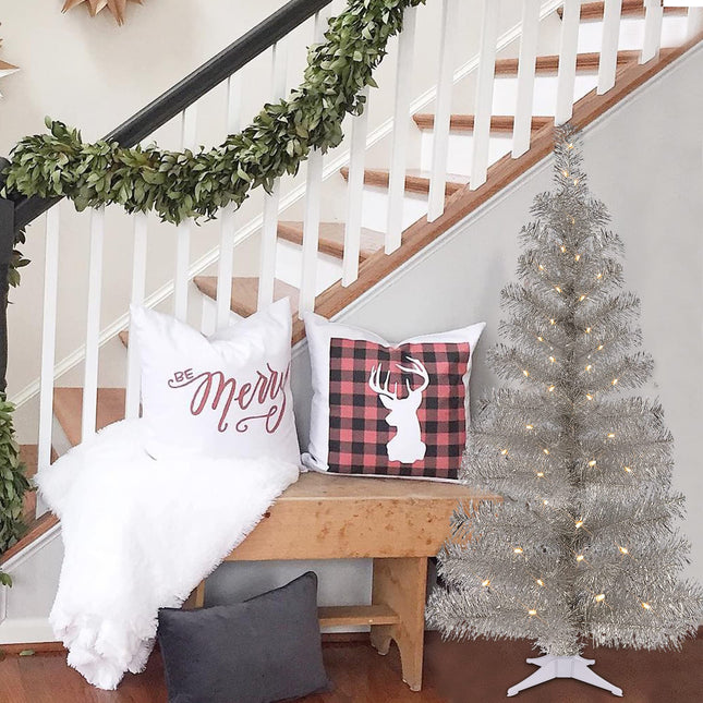 Juegoal 4 FT Pre-lit Artificial Christmas Tree, Lighted Silver Tinsel Pencil Pine Spruce Trees with 70 Warm White LED Lights, 8 Lighting Mode & Timer for Xmas Holiday Winter Home Party Decor