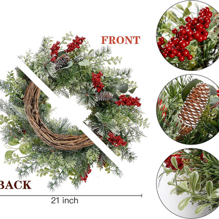 Sggvecsy 21 Inch Artificial Christmas Wreath for Front Door Xmas Red Berry Wreath with Pine Needles Pine Cones Eucalyptus Leaves Christmas Hanging Decorations for Wall Outdoor Home Window Decor