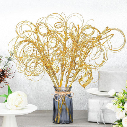 Glitter Curly Christmas Spray Wispy Christmas Picks Artificial Curly Twigs Christmas Branches for Vases Glitter Branches for Christmas Tree Vases Wreath Garland Banquet Decoration, 5 Pieces (Gold)