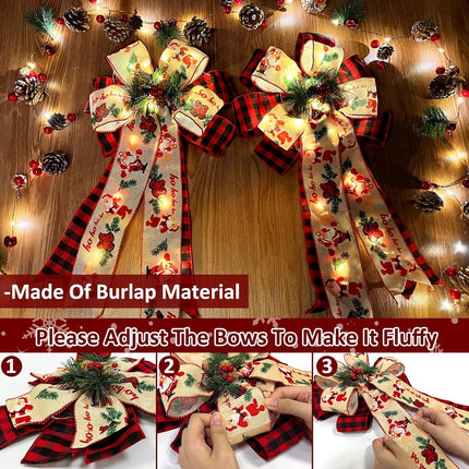 2 Pcs Prelit Christmas Bows Decor with 20 Lights, Santa Bells Black Red Buffalo Plaid Xmas Bows 20" by 11" Christmas Tree Wreaths Garland Bow Battery Powered Christmas Decorations Home Indoor Outdoor
