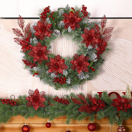 24 Pcs Artificial Glitter Christmas Tree Picks, Boxed 12 Poinsettia Flowers+ 6 Berry Stems+ 6 Flowers Berry Leaves Decorations Set, Indoor Outdoor Holiday Ornaments Decor, Red