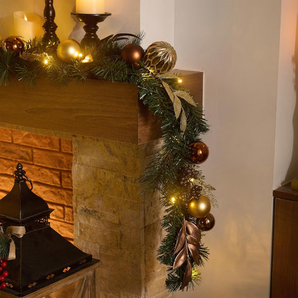 Valery Madelyn 6 ft Pre-Lit Christmas Garland with Light for Mantle, Lighted Battery Operated Xmas Garland with Bronze Copper Gold Ball for Front Door Fireplace Table Centerpiece Outdoor Window Decor