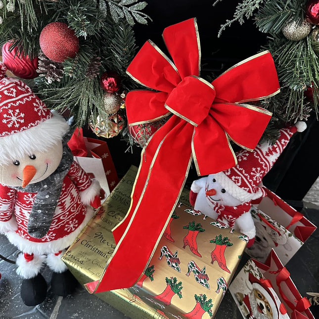 Gold Edge Christmas Wreath Bows - 10" Wide, Set of 6, Red Velvet, Front Door, Gate, Fence, Retail Display Decorations, Basket, Swag & Garland Decoration, Festive Winter Decor, Valentine's Day