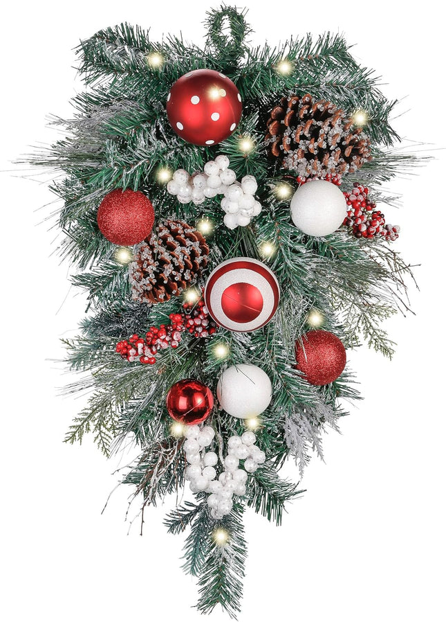 Valery Madelyn Pre-Lit Christmas Teardrop Swag for Decorating Outdoor, 24 Inch Red White Mailbox Swag Decoration with 20 LED Lights, Ball Ornaments for Front Door Stairway Window Shelf Xmas Decor
