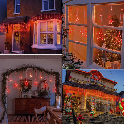 Red Christmas Star Icicle Lights,8.2FT 126LED Curtain String 8 Modes Memory Timer,Connectable Plug in Waterproof for Halloween/Valentine's Day/Patio/Wedding/Party/Xmas Indoor Outdoor Decor,Red