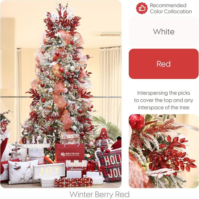 Sea Team 6-Pack Artificial Glitter Holly Berry Twigs, Bacca Stem Ornaments, Decorative Bead Sticks, Picks, Branches for Christmas Tree, Wreath, Vase Fillers for Centerpieces, Home Décor, Red