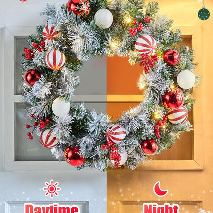 Pre-Lit Artificial Christmas Wreath 24Inch, Christmas Door Decorations Wreath with 50LED Warm Lights, Christmas Balls, Pine Needles, and Red Berries for Front Door Wall Windows X-mas Ornament