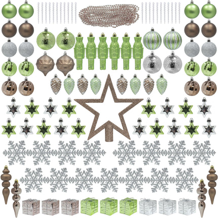 ITART 115pcs Christmas Tree Ornaments Assortment Neutral Including Star Tree Topper Balls Large Snowflakes Pine Cone Beads Garland Hanging Nutcracker Figurines for Christmas Tree Decor