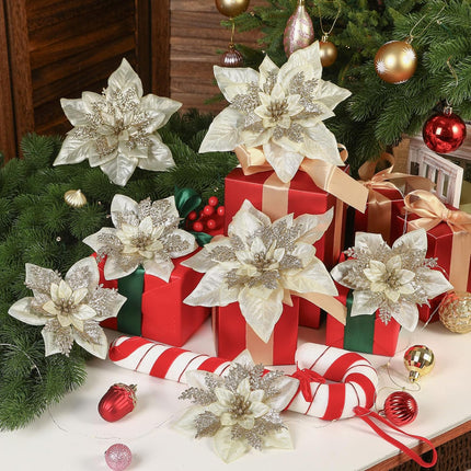 24 Pcs 6"&9" Large Size Poinsettia Artificial Christmas Flowers for Christmas Tree, Boxed Christmas Ornaments Flowers Glitter Picks for Xmas Year Decor with Clips&Sticks，Champagne Gold