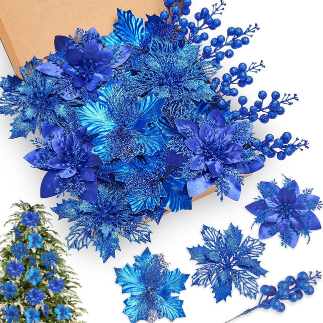 Alecono 24 Pcs Blue Christmas Artificial Flowers, Fake Tree Decor Shining Faux Floral with Clips DIY Xmas Berry Holiday Home Party Wedding Ornaments