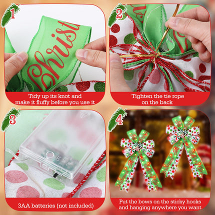 Hiboom 2 Pack Lighted Christmas Tree Topper Bows, 20 x 12'' Large Christmas Wreath Bow Tree Topper, Red Green White Candy Ribbon Bows for Xmas Ornament Holiday Front Door Fireplace Home Decorations