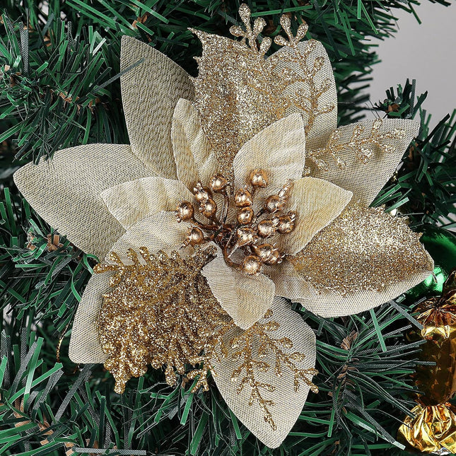 RECUTMS Christmas Tree Ornaments 10Pcs Glitter Poinsettia,Artificial Poinsettia Flowers Xmas Tree Ornaments 6" Wide for Xmas Tree Wreaths Garland Holiday Seasonal Wedding Decorations(Gold)
