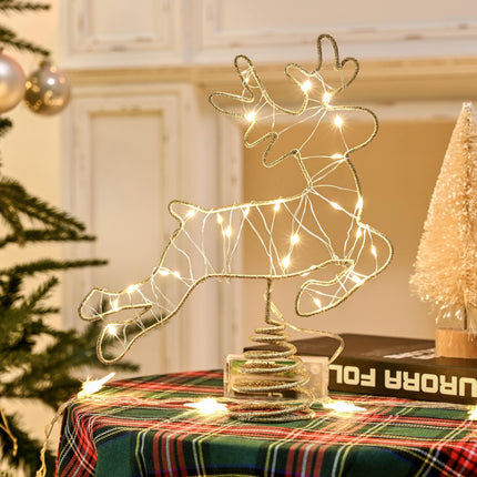 Light Up Reindeer Christmas Tree Topper, Metal Gold Glittery Elk Tree Topper with 25 LED Warm Lights, Battery Operated Cute 2D Deer for Unique Christmas Tree Decoration, Centerpiece