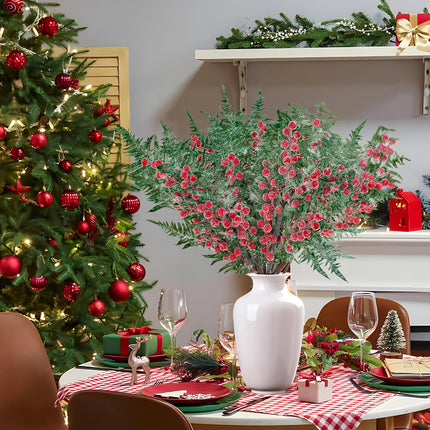Christmas Snowy Cedar Picks 21 Inch Artificial Red Berry Pine Branches Large Frosted Cedar Sprays Christmas Faux Pine Needles Berry Cedar Sprigs for Holiday Garland Wreath Vase Floral Arrangements