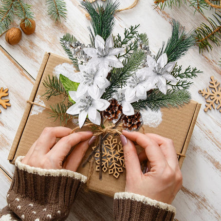 Sggvecsy 6 Pack Artificial Christmas Poinsettia Picks Faux Berries Pine Stems Berry Pine Branches with Pine Cones Poinsettia for Xmas Tree Wreath DIY Craft Floral Arrangement Holiday Decor (Silver)