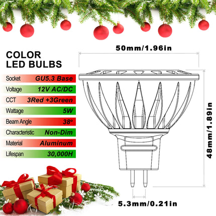 ALIDE Red Green MR16 GU5.3 Led Bulbs,Replace 20W 35W 50W Halogen,12V 5W Red Green MR16 for Christmas Holiday Decoration Outdoor Landscape Lighting,38 Deg,6 Pack Mix