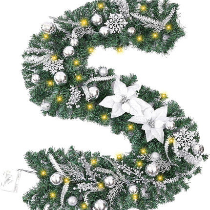 Prelit 6 Feet Christmas Garland Silver White with Battery Operated 30 LED Lights, Ball Ornaments, Snowflakes, Poinsettia Flowers & Berries, Garland Christmas Decoration for Indoor Outdoor Mantel