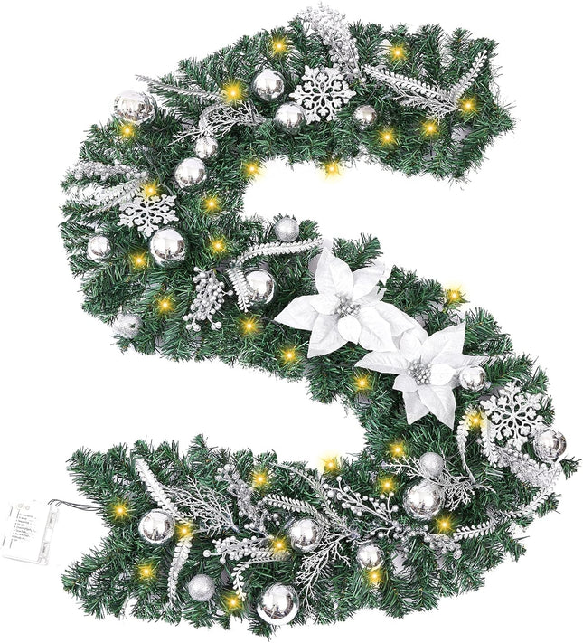 Prelit 6 Feet Christmas Garland Silver White with Battery Operated 30 LED Lights, Ball Ornaments, Snowflakes, Poinsettia Flowers & Berries, Garland Christmas Decoration for Indoor Outdoor Mantel