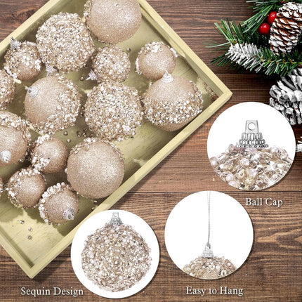 Poen 24 Pcs Glitter Christmas Ball Ornaments Set Christmas Tree Ornaments Hanging Sequin Foam Christmas Balls Decoration for Xmas Tree Wreath Garland Christmas Home Decor Wedding Party (Champagne)