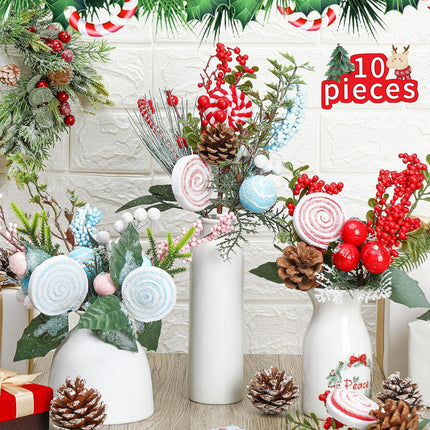 10 Pcs Pastel Color Christmas Tree Picks Christmas Berry Stems with Lollipop Peppermint Picks Christmas Red Green Candy Canes Berry Tree Picks for Holiday Xmas Tree