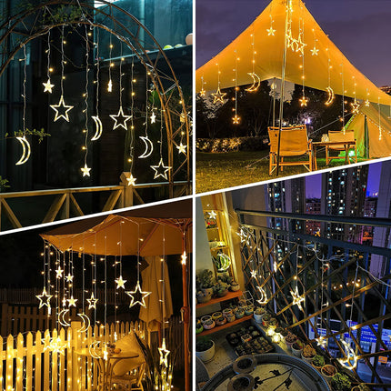 Techip Solar String Lights Outdoor Waterproof with USB Port & Remote Control Solar Power Star Moons Lights Dimmable 138LED for Patio Porch Garden Balcony Tent Decor