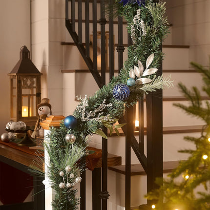 Valery Madelyn 9 feet Pre-Lit Christmas Garland with Light for Mantle, Lighted Battery Operated Xmas Garland with Silver Blue Balls for Front Door Fireplace Table Centerpiece Outdoor Window Home Decor