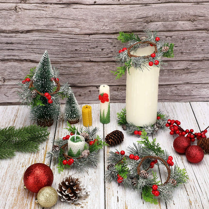 6 Pieces Christmas Candle Ring Artificial Berry Candle Rings with Pine Cones Small Wreaths for Home, Wedding, Living Room and Christmas Holiday Table Decoration (Red, 4.7 Inch)