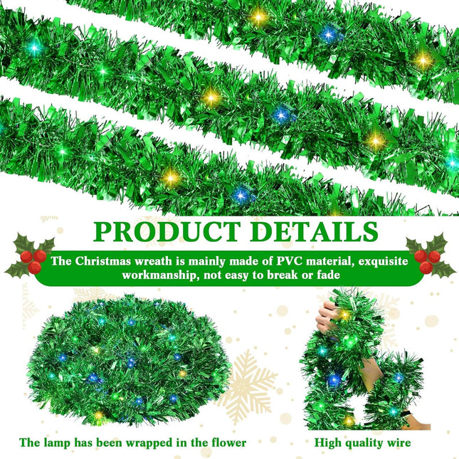 Jutom 99 ft Total 3 Pcs Christmas Pre Lighted Tinsel Garland Hanging Metal Twisted Wire Garland with LED Lights Battery Operated Christmas Garland for Christmas Tree Mantle Decoration (Green)