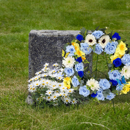 MUVIC Handmade Cemetery Wreath with Grave Holder, Artificial Flower Wreaths for Tombstone Decoration of Memorial Day/Mother's Day/Father's Day/Christmas,Blue,Yellow,White