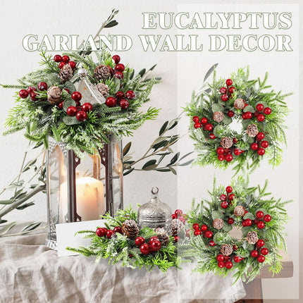 Lyrow 4 Pcs Christmas Candle Rings Wreath Norfolk Pine Garland Red Berry Pinecones Wreaths Artificial Berries Snowy Pine Garland Candle Ring Holder for Christmas Wedding Home Table Centerpiece