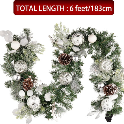 Valery Madelyn 6 feet Pre-Lit Christmas Garland with Lights for Mantle, Lighted Battery Operated Xmas Garland with Silver White Balls for Front Door Fireplace Table Centerpiece Outdoor Home Decoration