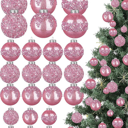 Civaner 24 Pcs Glitter Christmas Ball Ornaments Set 3.2'' 2.4'' 1.6'' Christmas Tree Ornaments Hanging Sequin Shatterproof Balls for Xmas Tree Wreath Garland Christmas Home Decor(Pink)
