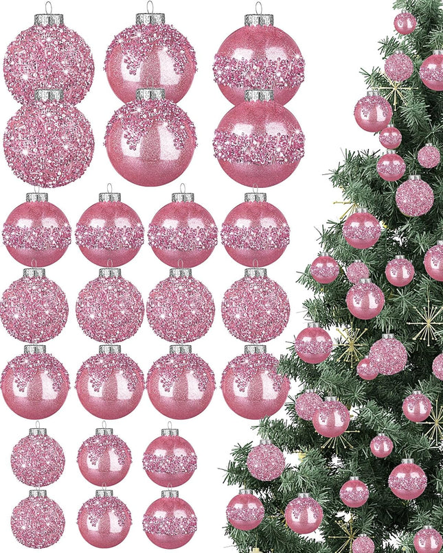 Civaner 24 Pcs Glitter Christmas Ball Ornaments Set 3.2'' 2.4'' 1.6'' Christmas Tree Ornaments Hanging Sequin Shatterproof Balls for Xmas Tree Wreath Garland Christmas Home Decor(Pink)