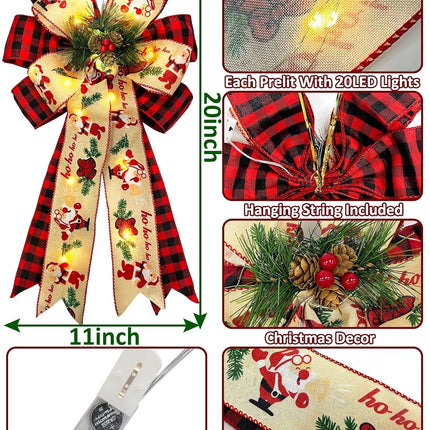 2 Pcs Prelit Christmas Bows Decor with 20 Lights, Santa Bells Black Red Buffalo Plaid Xmas Bows 20" by 11" Christmas Tree Wreaths Garland Bow Battery Powered Christmas Decorations Home Indoor Outdoor