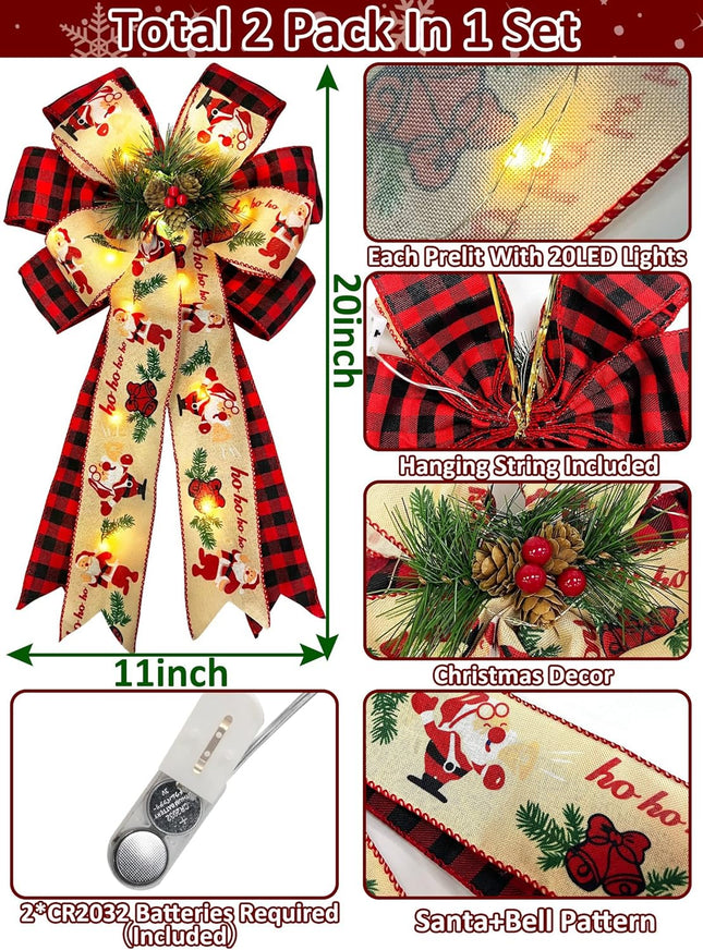 2 Pcs Prelit Christmas Bows Decor with 20 Lights, Santa Bells Black Red Buffalo Plaid Xmas Bows 20" by 11" Christmas Tree Wreaths Garland Bow Battery Powered Christmas Decorations Home Indoor Outdoor